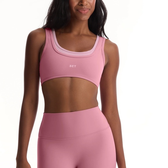 NEW Set Active Medium M Pink Matching Set Glossy Leggings Double Layer Sport bra - Picture 3 of 14